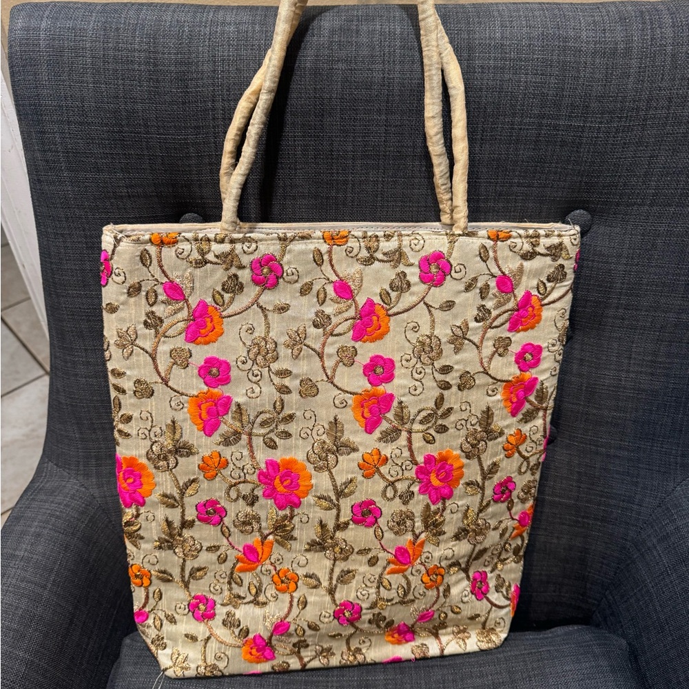 Floral Embroidered Tote Bag - Cream and Pink